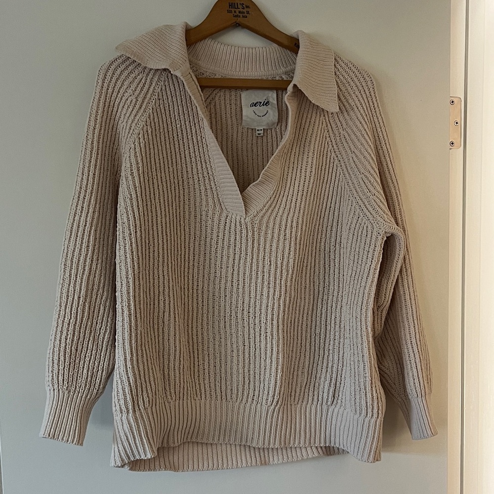 Aerie Cream Polo V-neck Women's Sweater